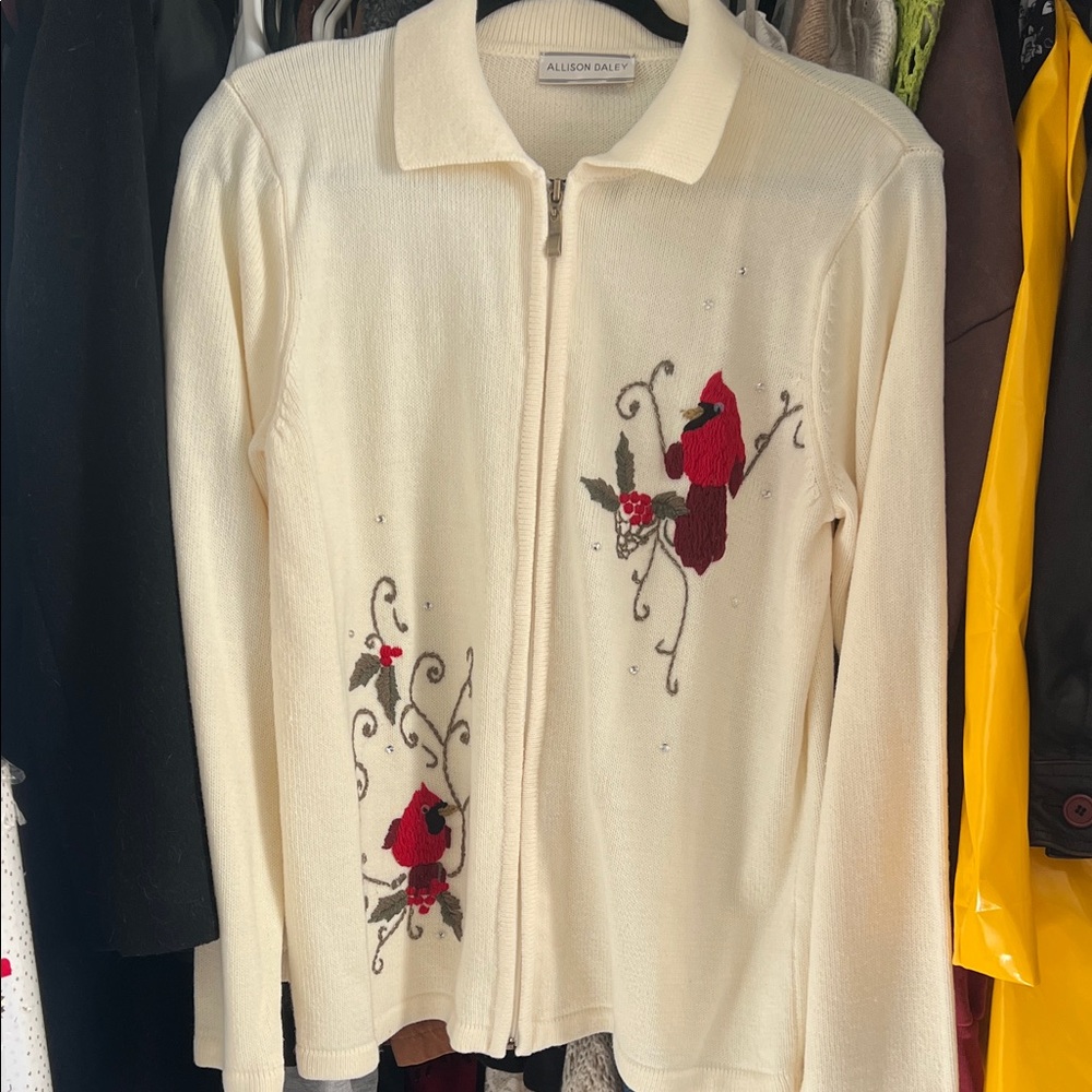 Allison Daley Ivory Zip-Up with Red Floral Embroidery
